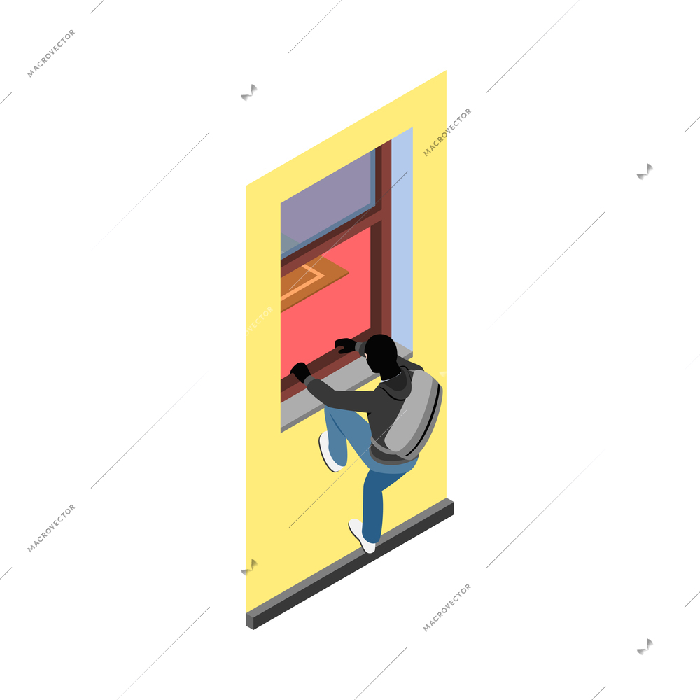 Thief burglar robber isometric composition with isolated fraud view with criminal wearing mask vector illustration