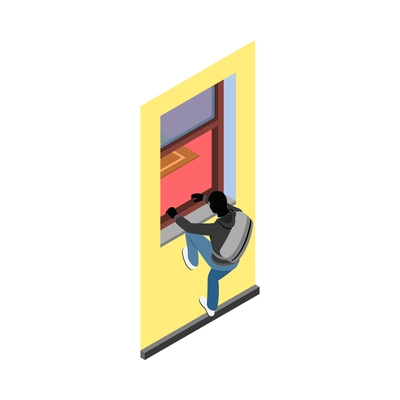 Thief burglar robber isometric composition with isolated fraud view with criminal wearing mask vector illustration