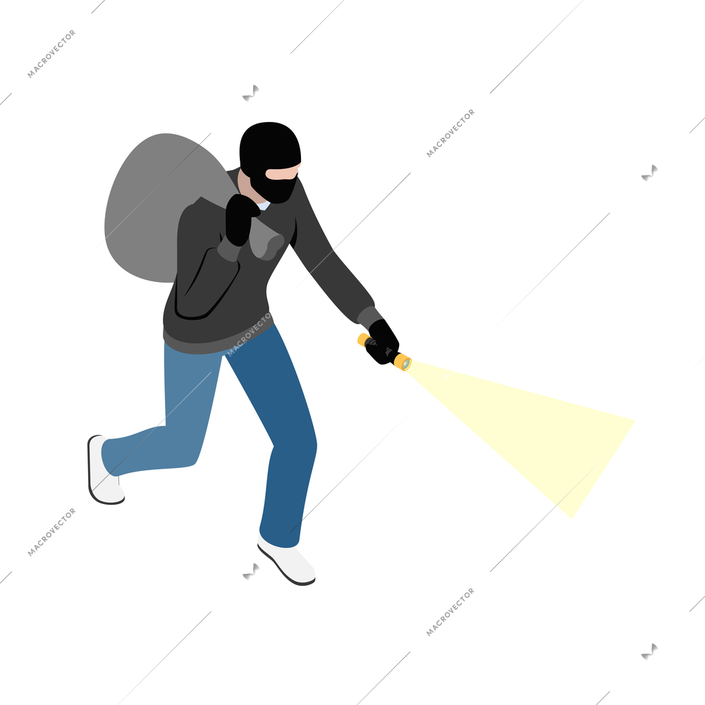 Thief burglar robber isometric composition with isolated fraud view with criminal wearing mask vector illustration