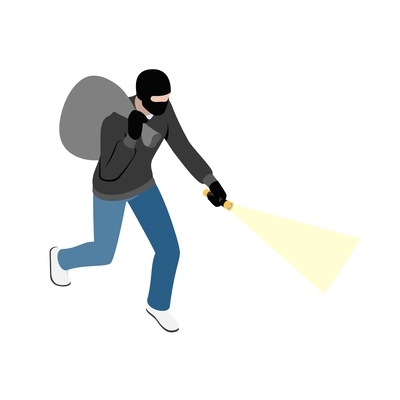 Thief burglar robber isometric composition with isolated fraud view with criminal wearing mask vector illustration