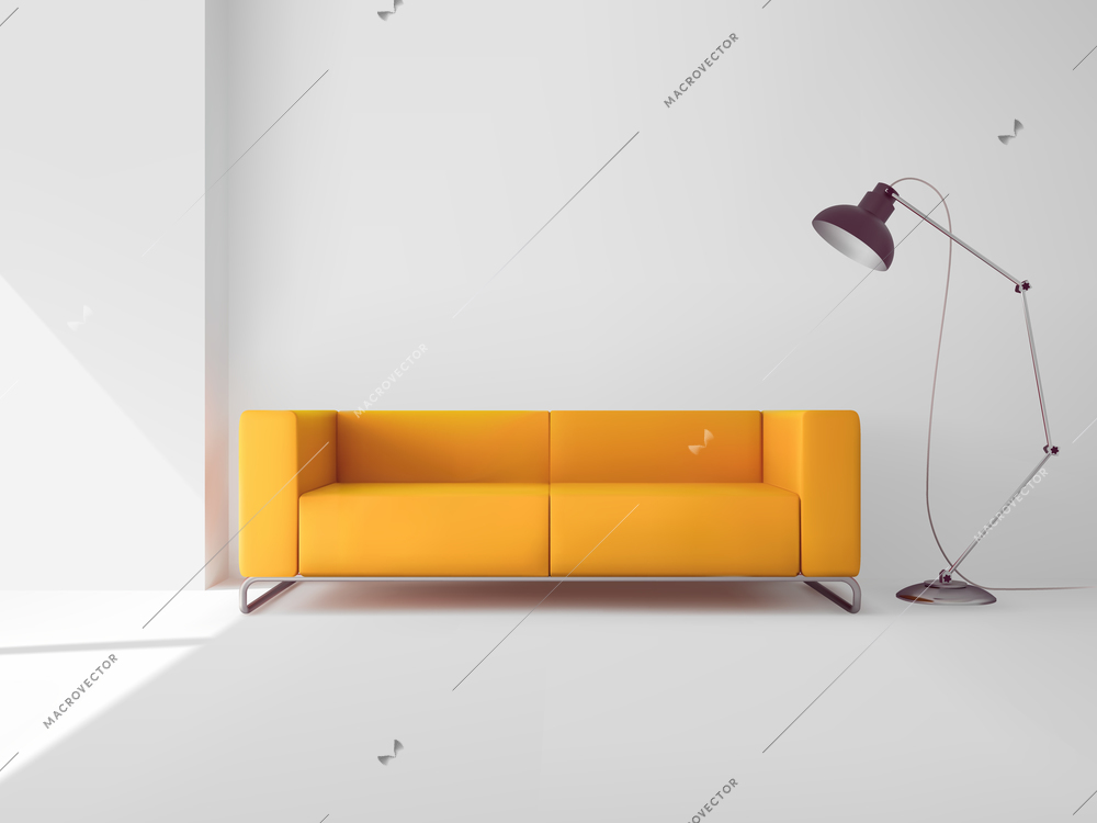 Living room interior with realistic yellow sofa and lamp vector illustration