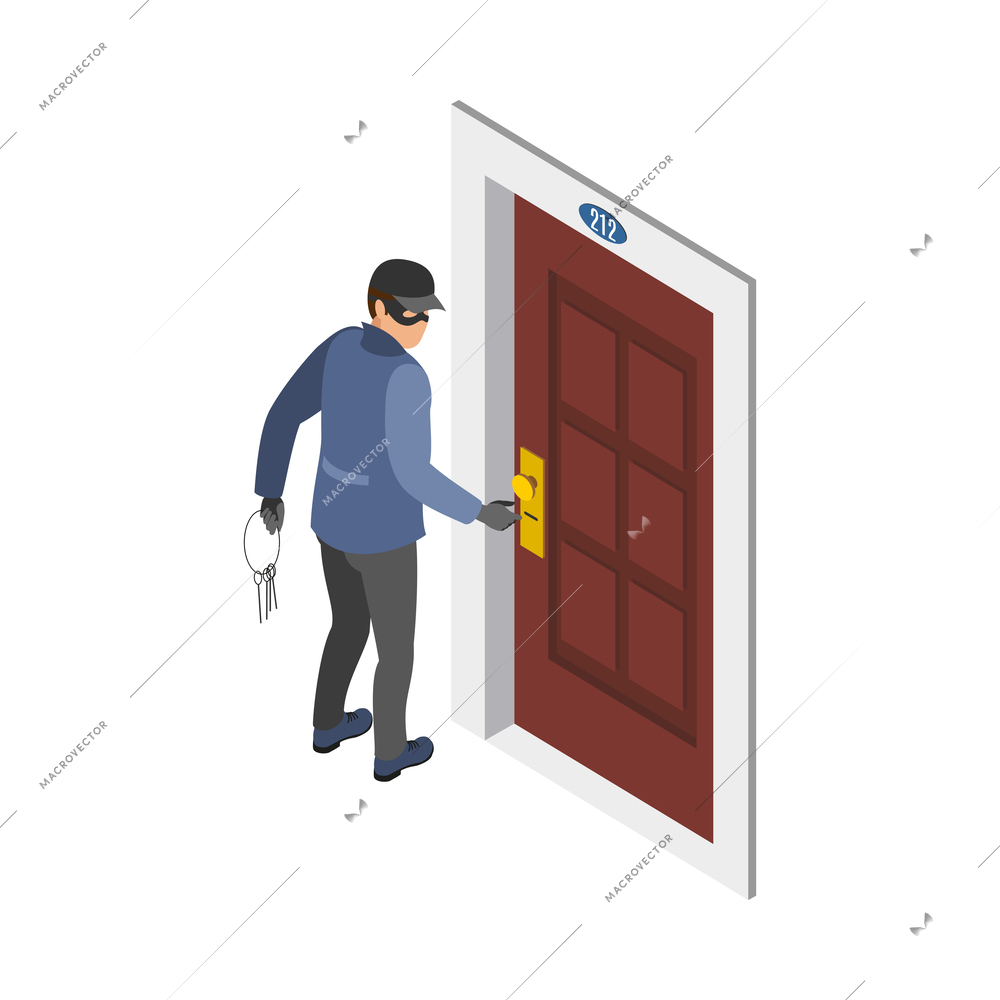 Security systems isometric icons composition with view of burglar human character vector llustration