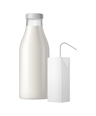 Realistic milk bottle package composition with isolated mockup image of dairy product packaging with empty collar vector illustration