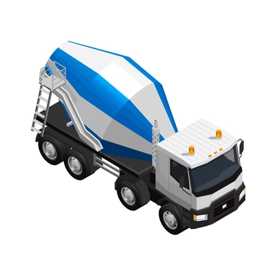 Concrete production isometric composition with isolated view of cement mixer truck vector illustration