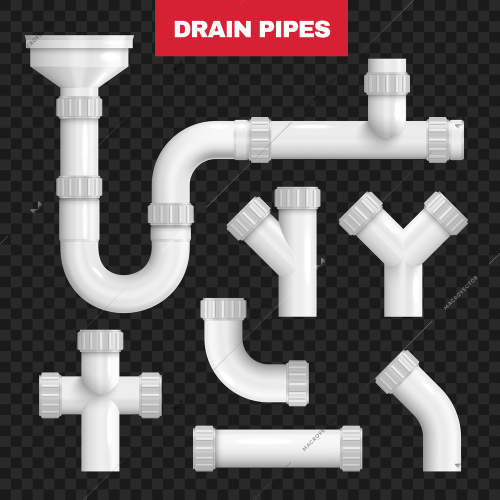 Plastic drain pipes transparent set of fittings for connection branching turns transitions isolated vector illustration