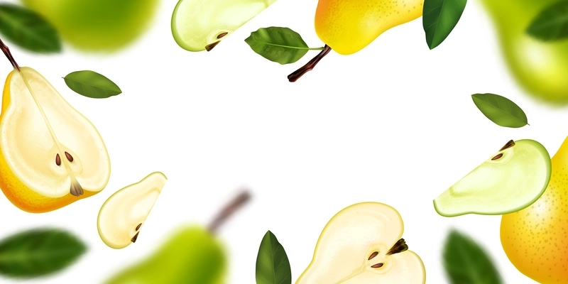 Realistic pear frame slices and whole fresh pears in focus and blur vector illustration
