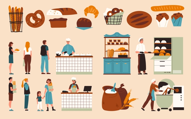 Bakery color icon set different bakery attributes flour baked goods customers a counter with vendors and an oven for cooking vector illustration