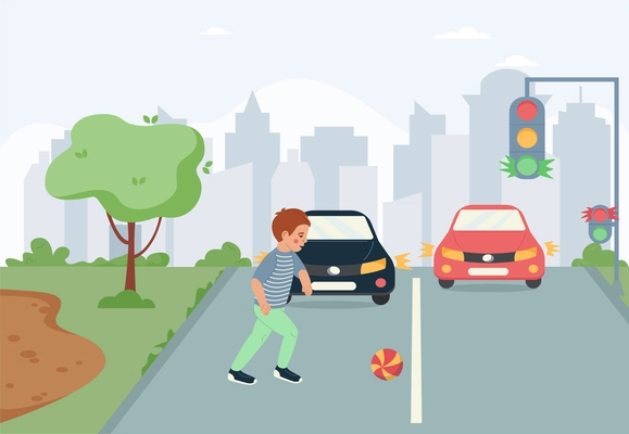 Children safety flat background with little boy playing football alone on roadway vector illustration