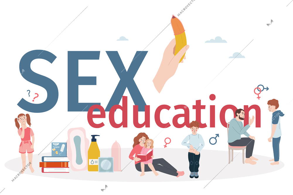 Sex education typographic header with parents teaching biological sex to kids flat vector illustration