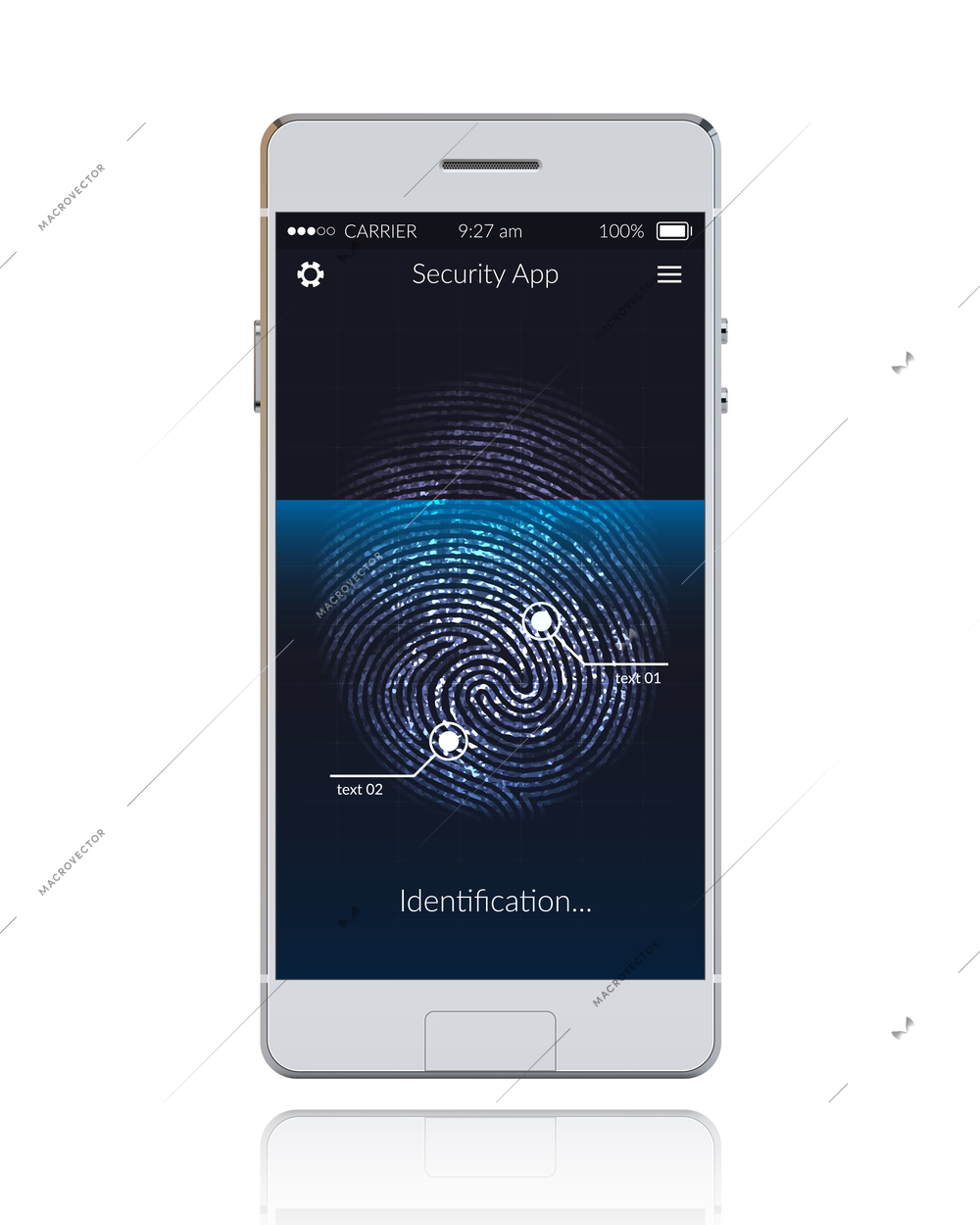 Realistic phone with mobile security application scanning fingerprints vector illustration