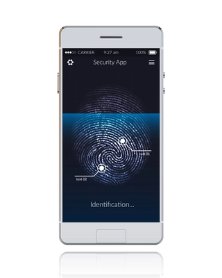 Realistic phone with mobile security application scanning fingerprints vector illustration