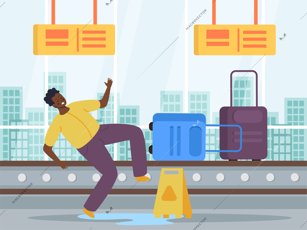 Man slipping on wet floor and falling in airport with luggage belt on background flat vector illustration