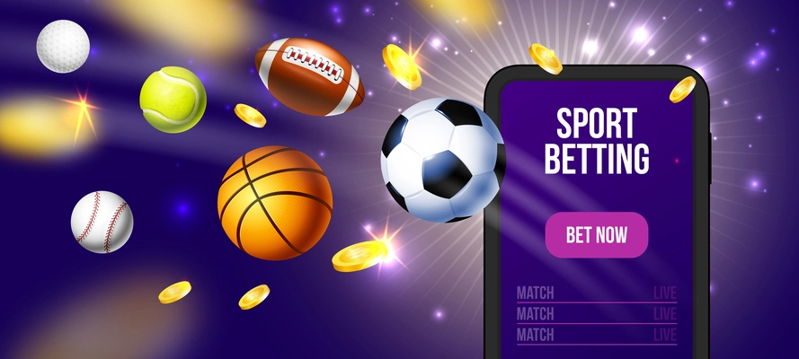 Realistic sports betting poster sport betting headline on smartphone screen and bet now button vector illustration