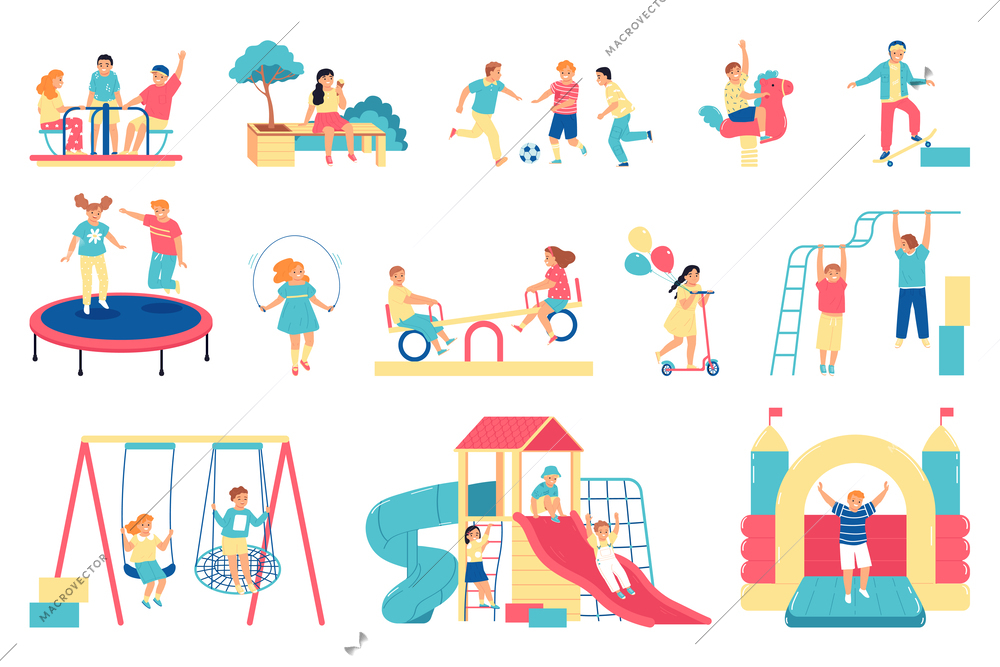 Children playground icon set children have fun and play street games swinging on swings climbing on playground and riding carousel vector illustration