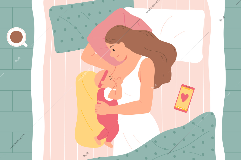 Flat breastfeeding composition woman lying on her side in bed breastfeeding her young daughter vector illustration