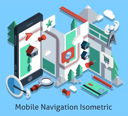Mobile navigation isometric set with smartphone and gps navigator icons vector illustration