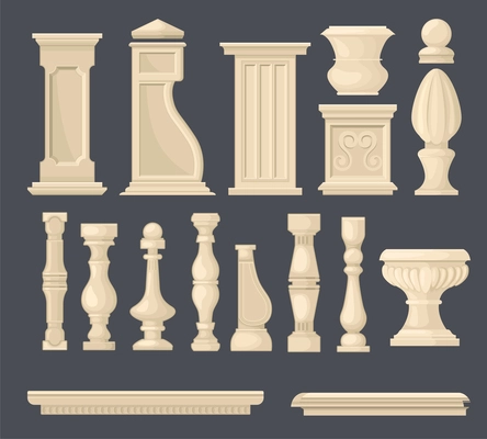 Balusters vase column set with isolated images of ornate pieces of classical architecture colored in brown vector illustration