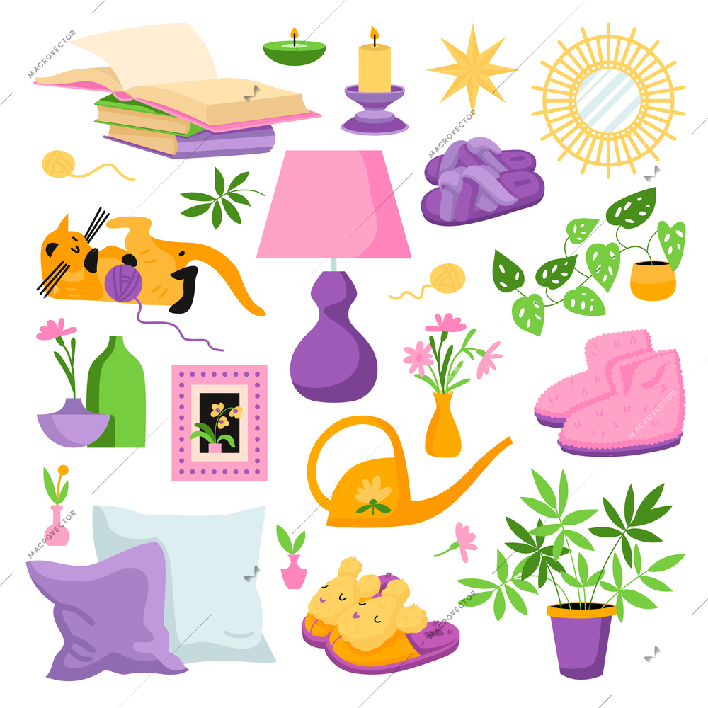 Flat set of various objects for cozy home interior with candles slippers house plants lamp books isolated vector illustration