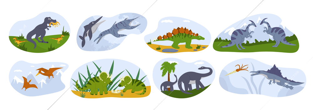 Dinosaur flat set of cartoon compositions with flying armored and reptiles animal characters isolated vector  illustration