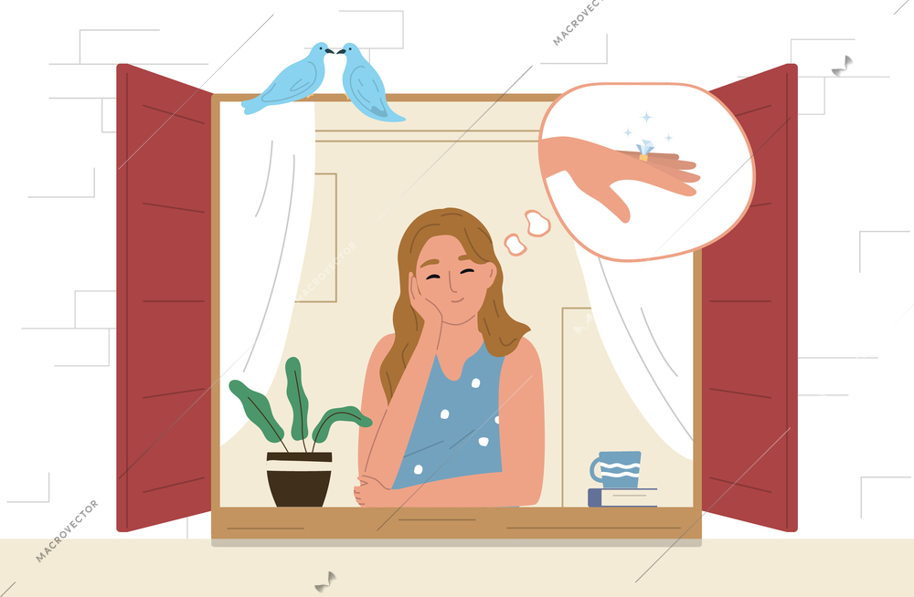 Dreams dreaming people colored flat composition young girl standing by the window dreaming of an engagement ring on her finger vector illustration
