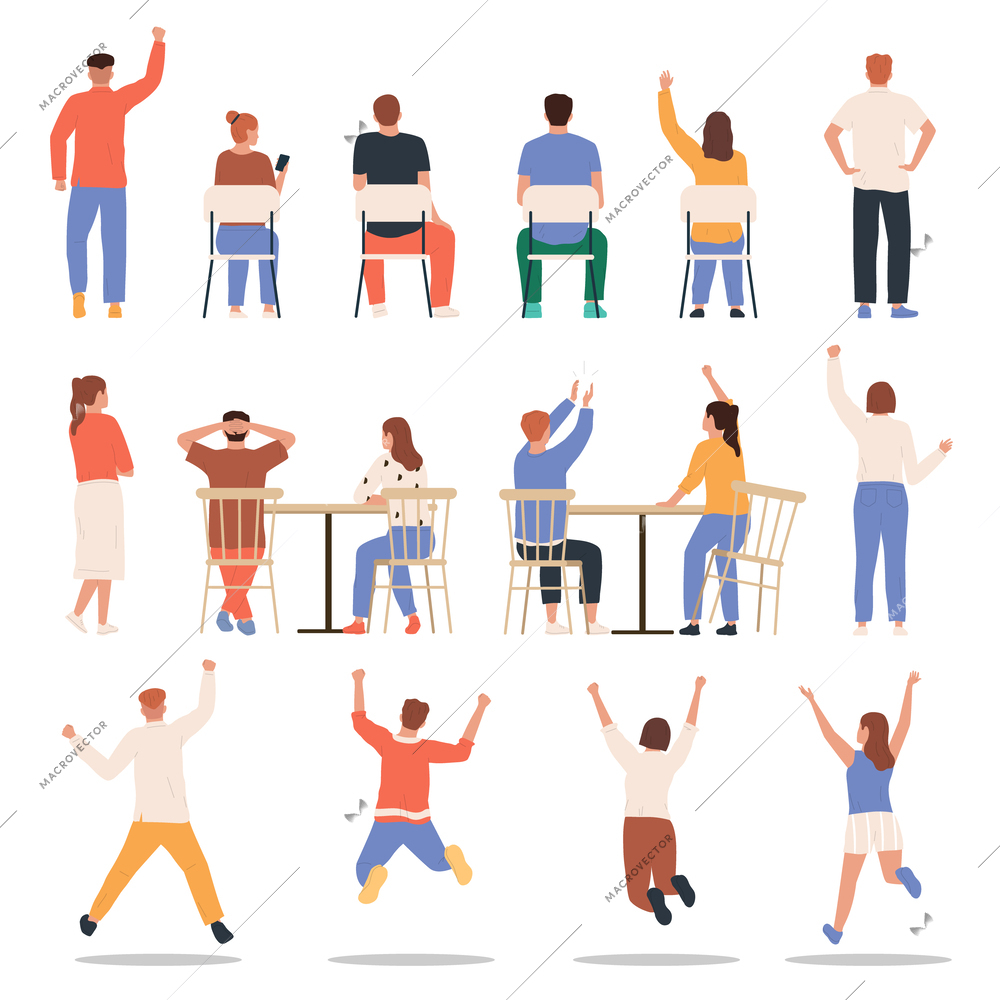 People back flat icon set people stand and sit on chairs facing backwards vector illustration