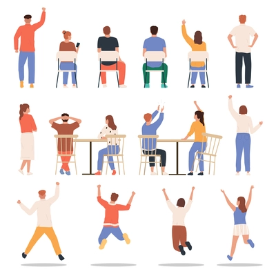 People back flat icon set people stand and sit on chairs facing backwards vector illustration