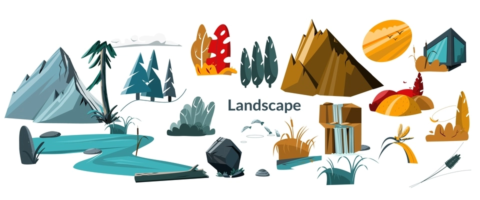 Landscape nature flat set with isolated icons and doodle images of mountains plants trees and water vector illustration