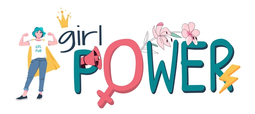 Girl power flat text with big letters decorated with pink flowers and  strong super woman in gold cloak vector illustration