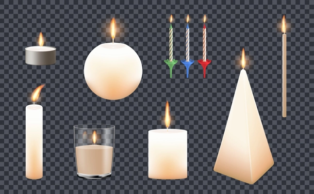 Set with isolated candles realistic icons on transparent background with burning flames and different base shape vector illustration