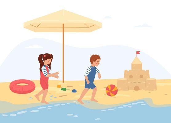 Sun protection flat composition with view of sea coast sandy beach with running kids and toys vector illustration