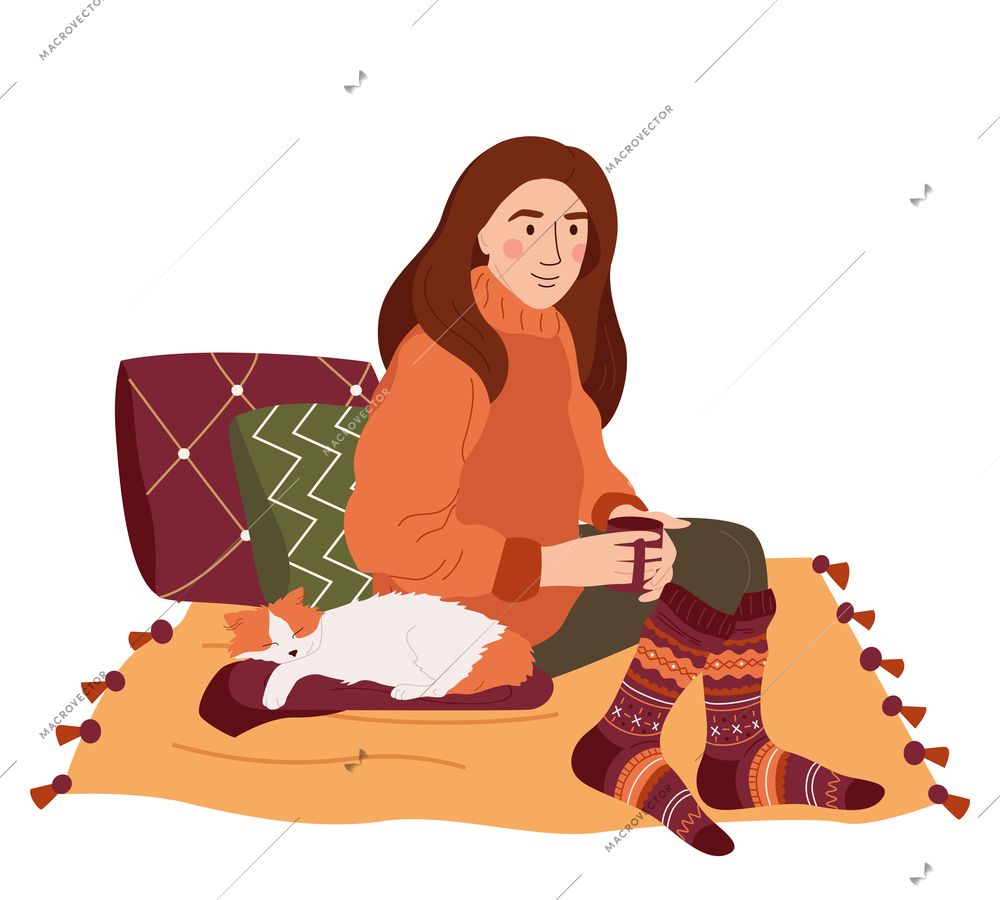 Hugge lifestyle flat background composition with doodle character of woman on carpet with pillows and cat vector illustration