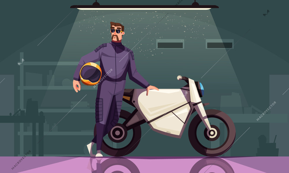 Motorcycle cartoon poster with cool male biker in garage vector illustration