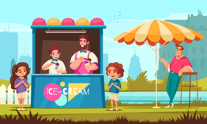 Teenagers work cartoon poster with young man selling ice cream vector illustration