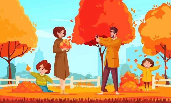 Autumn cartoon poster with happy family in public park vector illustration