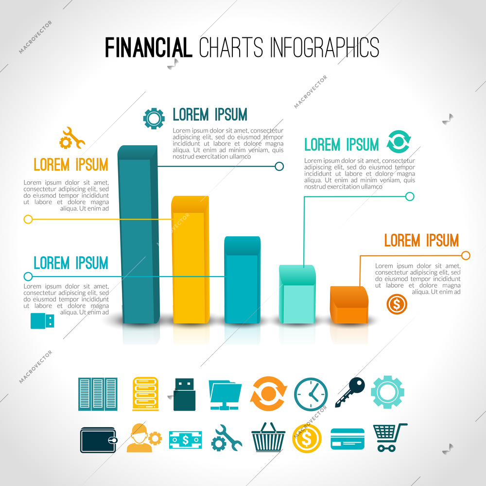 Finance charts infographic set with financial security business cooperation elements vector illustration