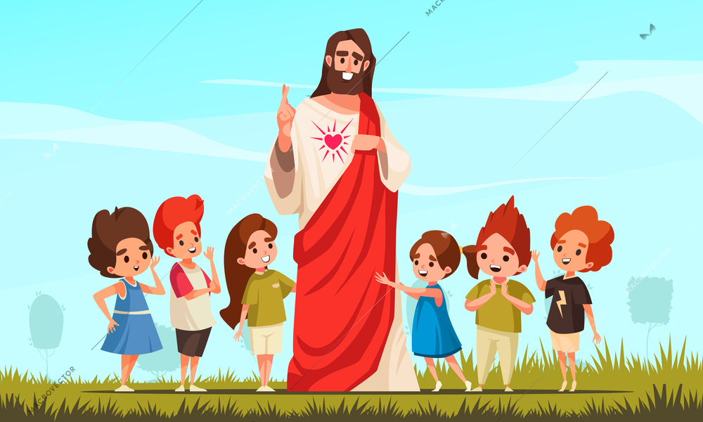 Jesus Christ blessing the kids cartoon scene from children Bible vector illustration