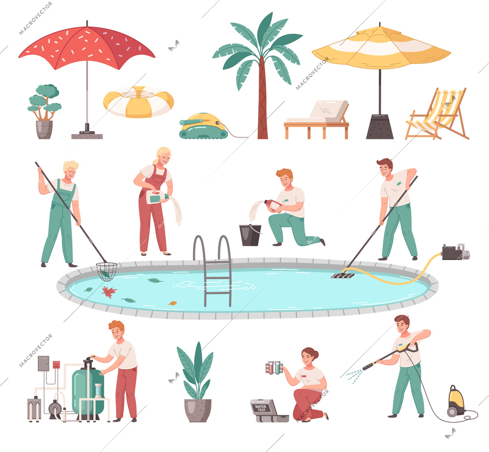 Pool mantenance service cartoon set of people cleaning pool with mechanical equipment and chemistry items isolated vector illustration