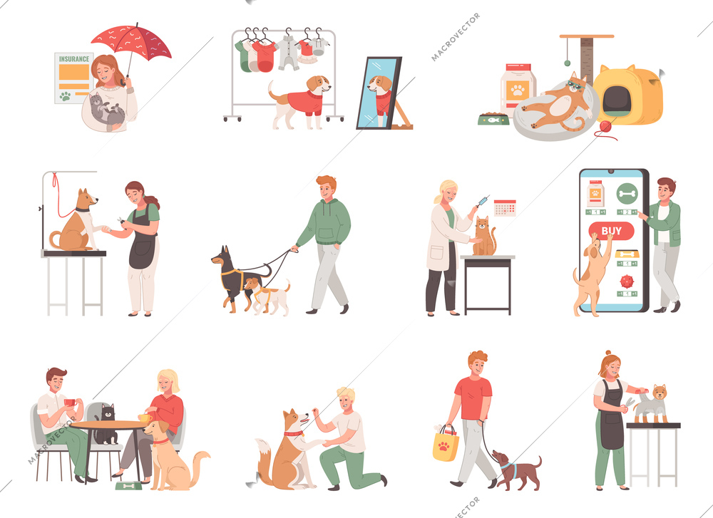 Pet services cartoon set of people care of health of their pets training walking and feeding isolated vector illustration