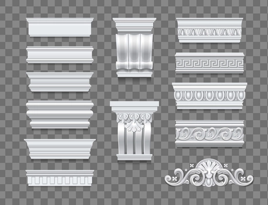 Set of classical architectural isolated elements for interior and building walls decor on transparent background realistic vector illustration