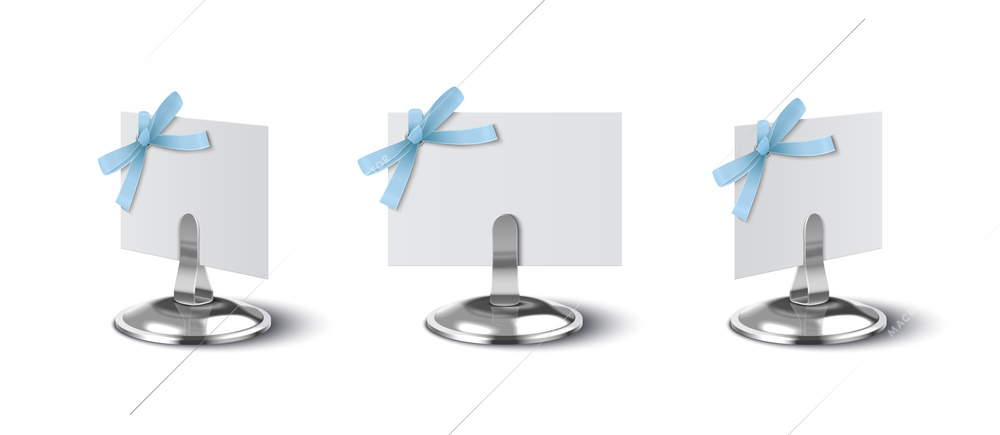 White paper place cards decorated with blue bow on metal holder realistic set isolated vector illustration