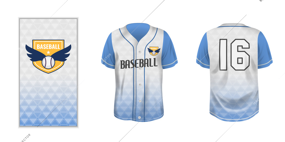 Front and rear view of baseball shirt with magnified emblem in realistic style isolated vector illustration