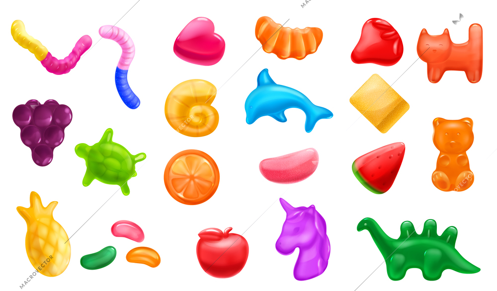 Set with isolated realistic images of chewy jelly vitamin containing candies of different flavor and shape vector illustration