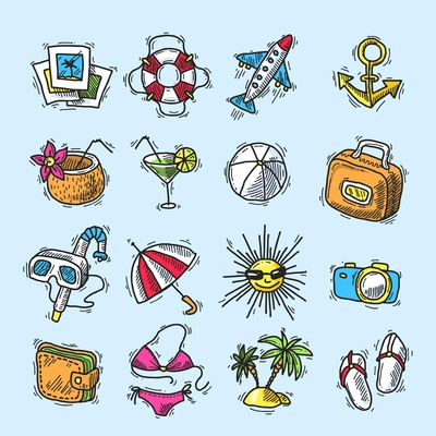 Summer vacation sea tourism colored sketch decorative icons set with coconut cocktail suitcase isolated vector illustration