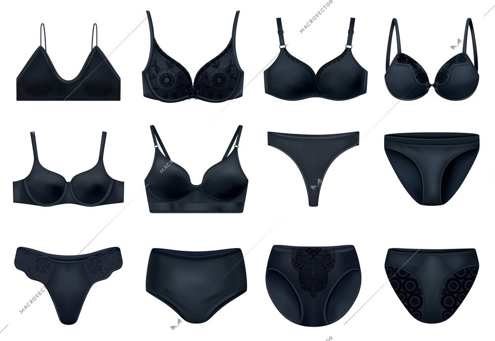 Realistic lingerie black set with isolated pieces of female underwear colored in black on blank background vector illustration