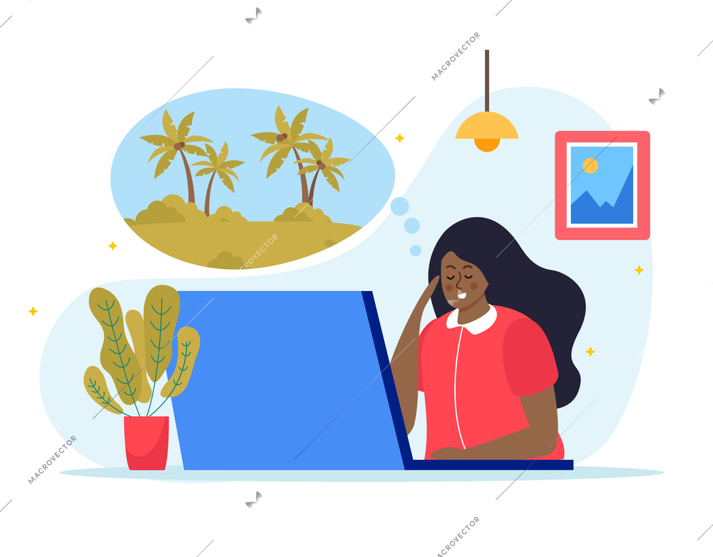 Dreams flat background with  emotional burnout tired woman  working on laptop dreaming of holiday vector illustration