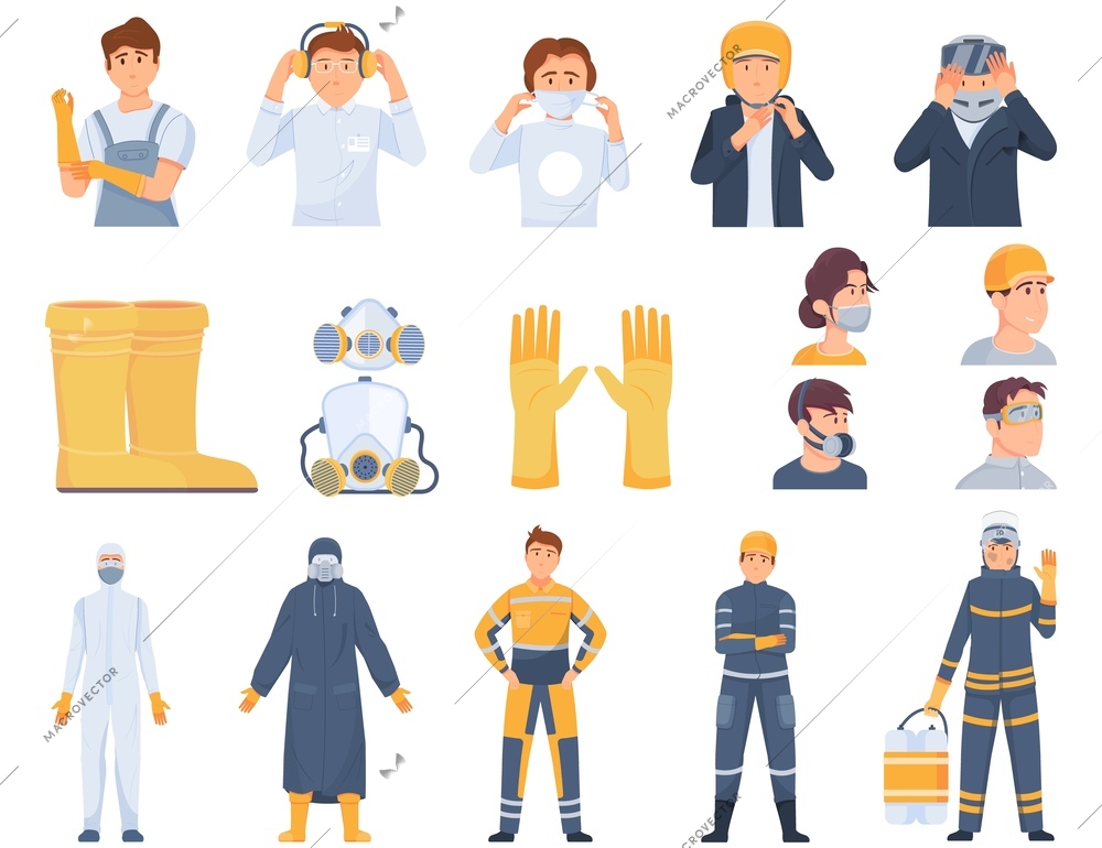 Protective equipment flat icon set with gloves protective suits rubber boots ear protection headphones vector illustration