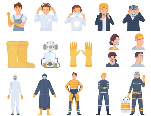 Protective equipment flat icon set with gloves protective suits rubber boots ear protection headphones vector illustration