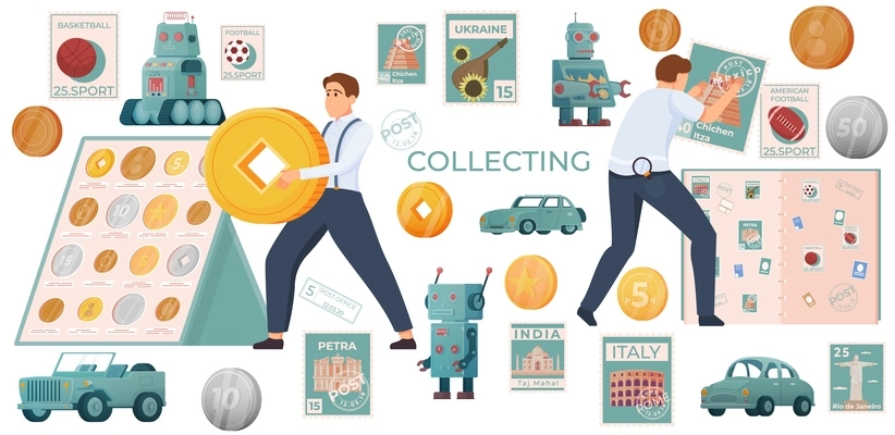 Collectibles hobby flat icon set collecting coins rare cars stamps and sports cards vector illustration