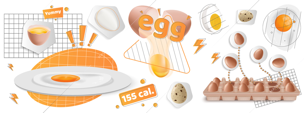 Eggs cook realistic collage composition abstract pics with eggs in the form of planets on grids  vector illustration
