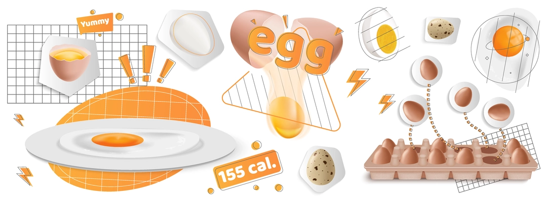 Eggs cook realistic collage composition abstract pics with eggs in the form of planets on grids  vector illustration